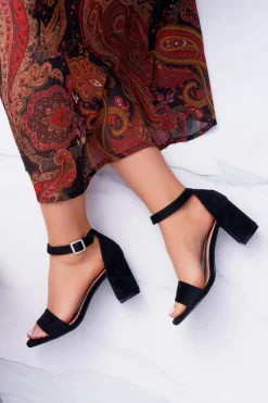 Outlet Czarne Damskie Sandały Na Słupku Zamsz NewGenua Damskie Sandały Na Obcasie