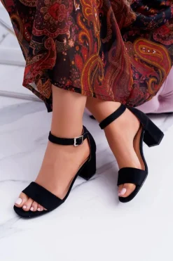 Outlet Czarne Damskie Sandały Na Słupku Zamsz NewGenua Damskie Sandały Na Obcasie