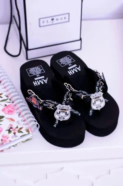 Hot Czarne Ekstrawaganckie Klapki na Koturnie SecondShock Damskie Klapki Na Koturnie|Klapki Na Obcasie