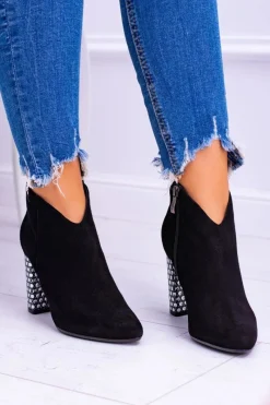 New Laura Messi Czarne Eleganckie Zamszowe Botki na Słupku 1849