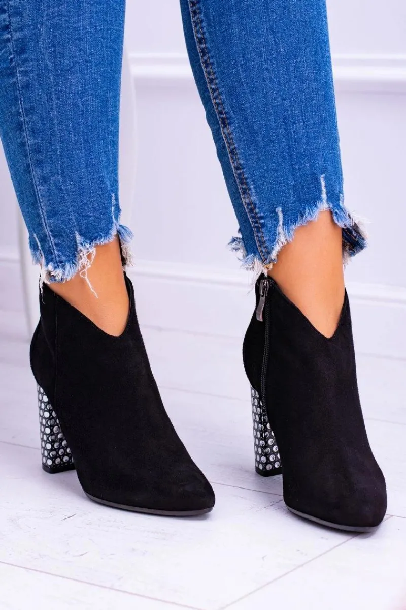 New Laura Messi Czarne Eleganckie Zamszowe Botki na Słupku 1849