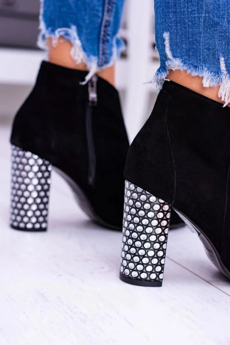 New Laura Messi Czarne Eleganckie Zamszowe Botki na Słupku 1849