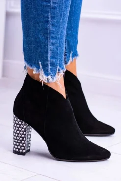New Laura Messi Czarne Eleganckie Zamszowe Botki na Słupku 1849