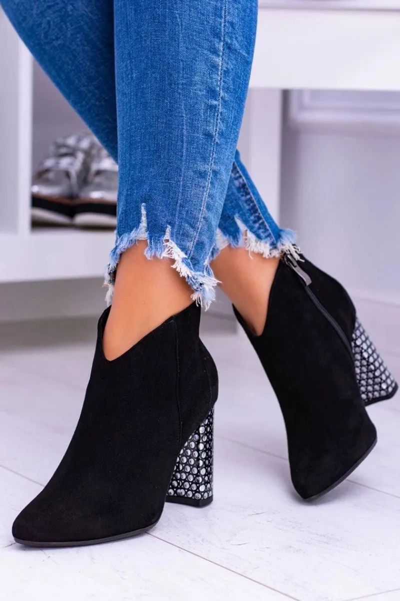 New Laura Messi Czarne Eleganckie Zamszowe Botki na Słupku 1849