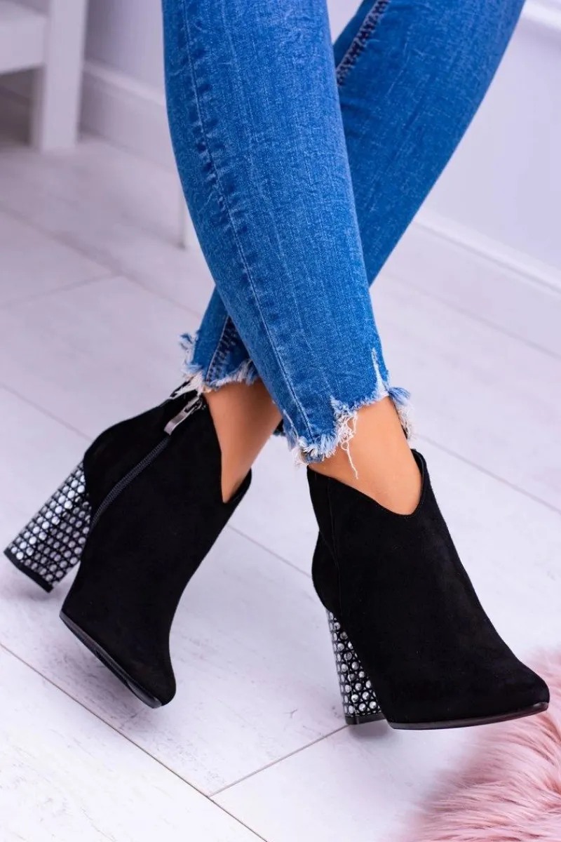 New Laura Messi Czarne Eleganckie Zamszowe Botki na Słupku 1849