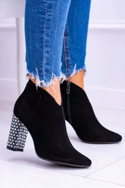 New Laura Messi Czarne Eleganckie Zamszowe Botki na Słupku 1849