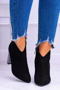 New Laura Messi Czarne Eleganckie Zamszowe Botki na Słupku 1849