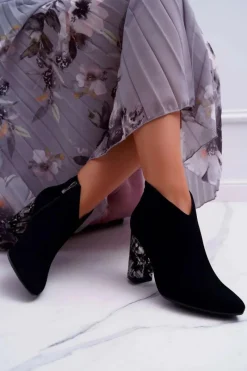 New Czarne Eleganckie Zamszowe Botki na Słupku 2047 Damskie Botki Na Słupku|Botki Zimowe Damskie