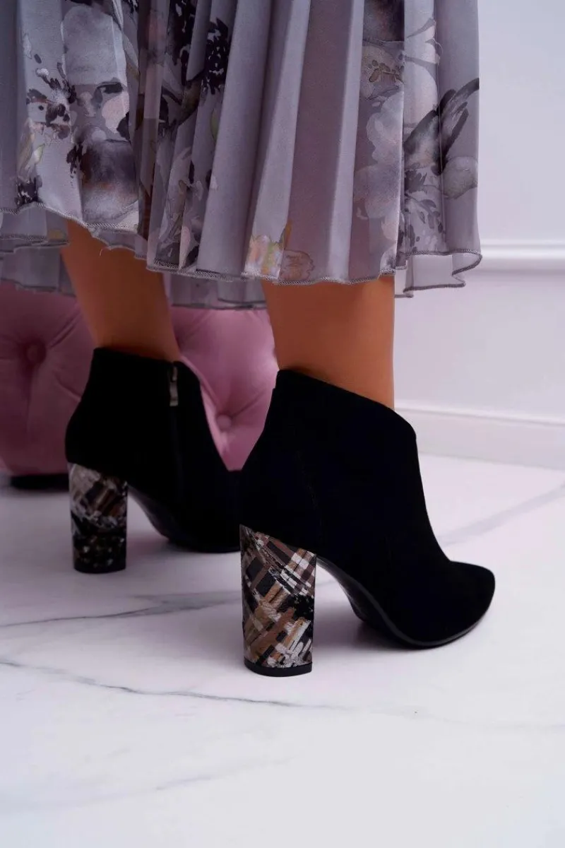 New Czarne Eleganckie Zamszowe Botki na Słupku 2047 Damskie Botki Na Słupku|Botki Zimowe Damskie