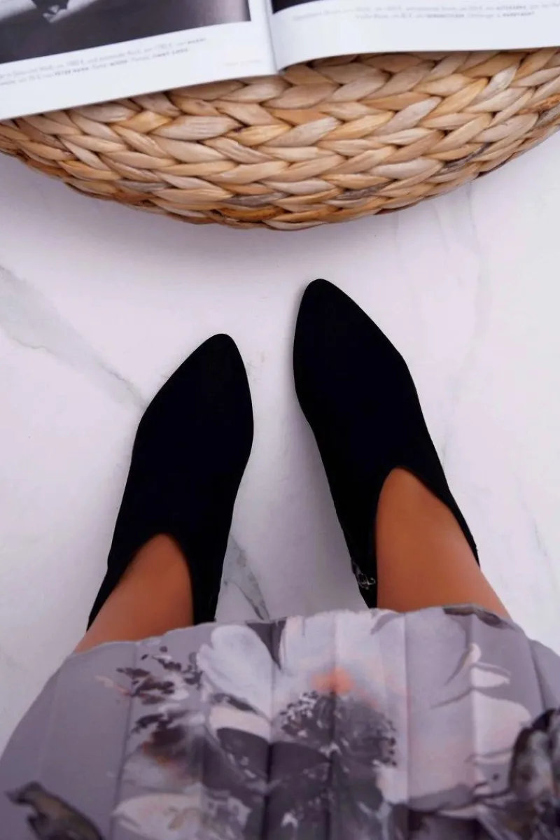 New Czarne Eleganckie Zamszowe Botki na Słupku 2047 Damskie Botki Na Słupku|Botki Zimowe Damskie