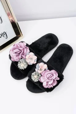 Clearance Boto Czarne Klapki Damskie Z Kwiatkami Lu Boo Bouquet