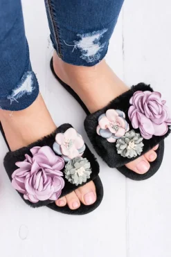 Clearance Boto Czarne Klapki Damskie Z Kwiatkami Lu Boo Bouquet