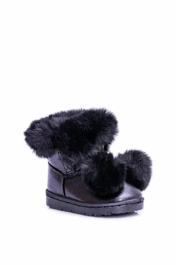 Clearance Czarne Ocieplane Dziecięce Młodzieżowe Botki Śniegowce Roofy Dzieci Dziewczęce|Chłopięce