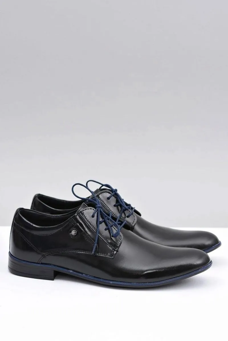 Sale Czarne Skórzane Eleganckie Półbuty Massimiliano Męskie Półbuty Eleganckie