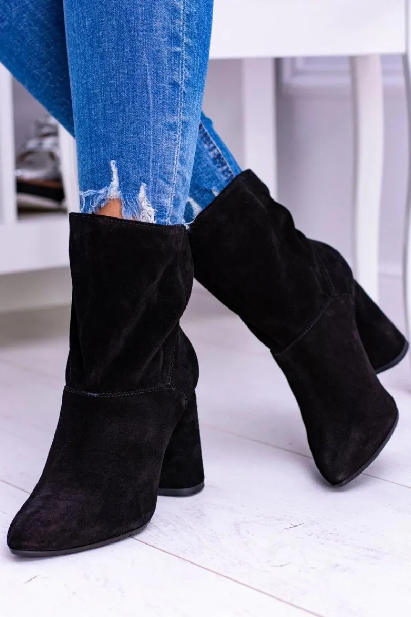 New Czarne Wysokie Zamszowe Botki na Słupku 1857 Damskie Botki Na Słupku|Brązowe I Beżowe Botki