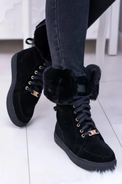 Damskie Trapery|Botki Sznurowane>Boto Czarne Zamszowe Botki LU BOO Timberki z Futrem
