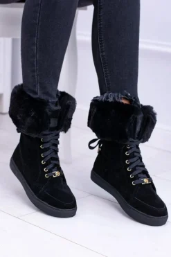 Damskie Trapery|Botki Sznurowane>Boto Czarne Zamszowe Botki LU BOO Timberki z Futrem
