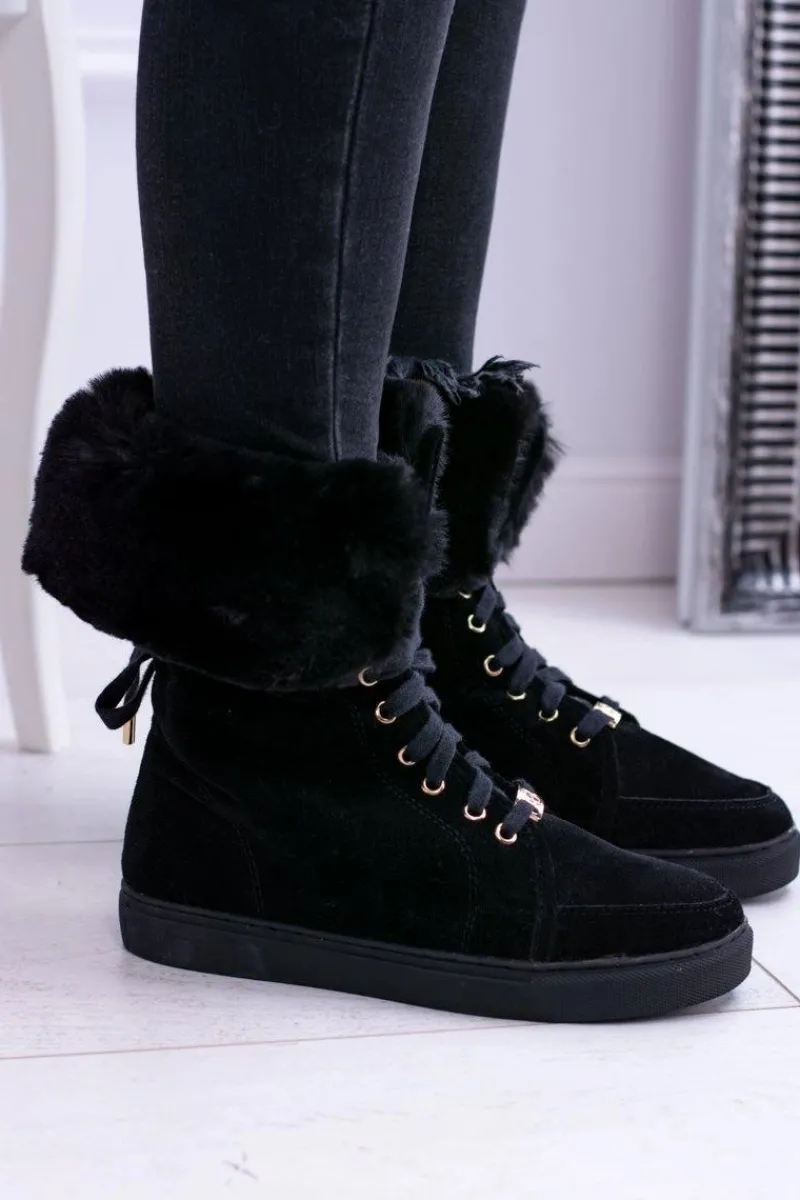 Damskie Trapery|Botki Sznurowane>Boto Czarne Zamszowe Botki LU BOO Timberki z Futrem