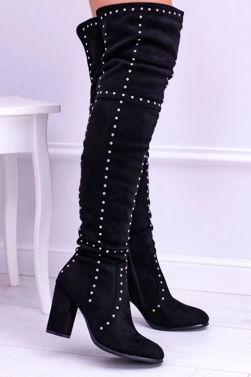 Kozaki Wiosenne|Kozaki Na Obcasie>Boto Czarne Zamszowe Kozaki Za Kolano Muszkieterki Ćwieki Almo