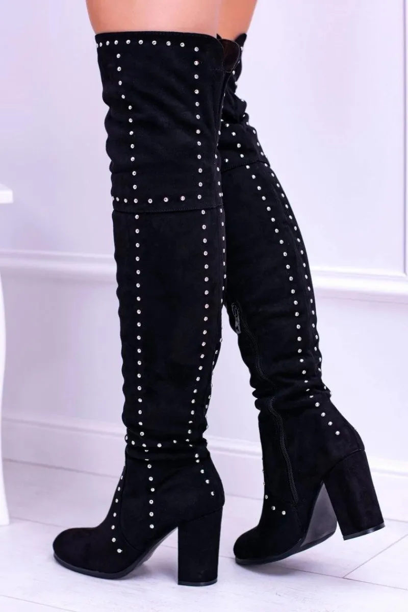 Kozaki Wiosenne|Kozaki Na Obcasie>Boto Czarne Zamszowe Kozaki Za Kolano Muszkieterki Ćwieki Almo