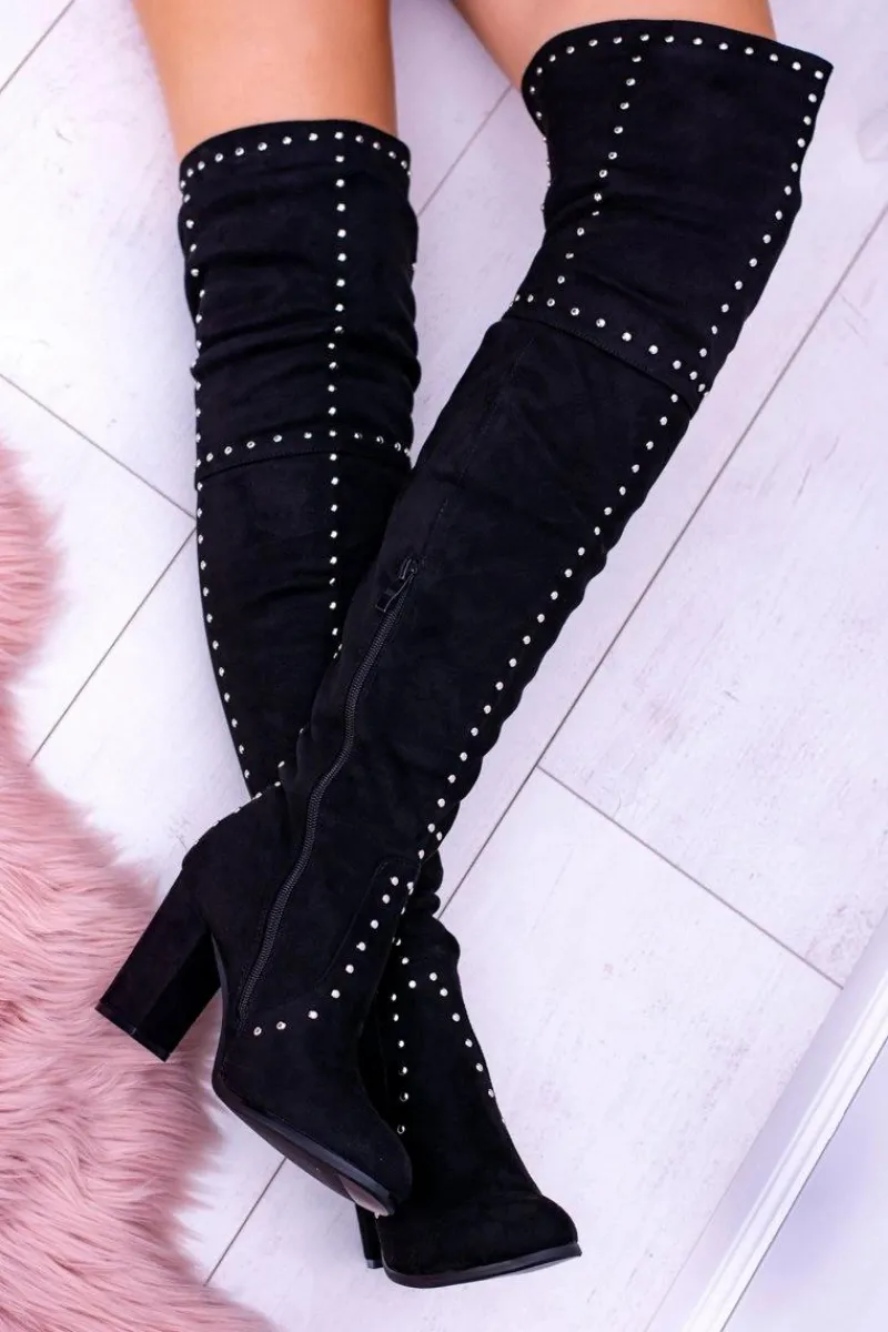 Kozaki Wiosenne|Kozaki Na Obcasie>Boto Czarne Zamszowe Kozaki Za Kolano Muszkieterki Ćwieki Almo