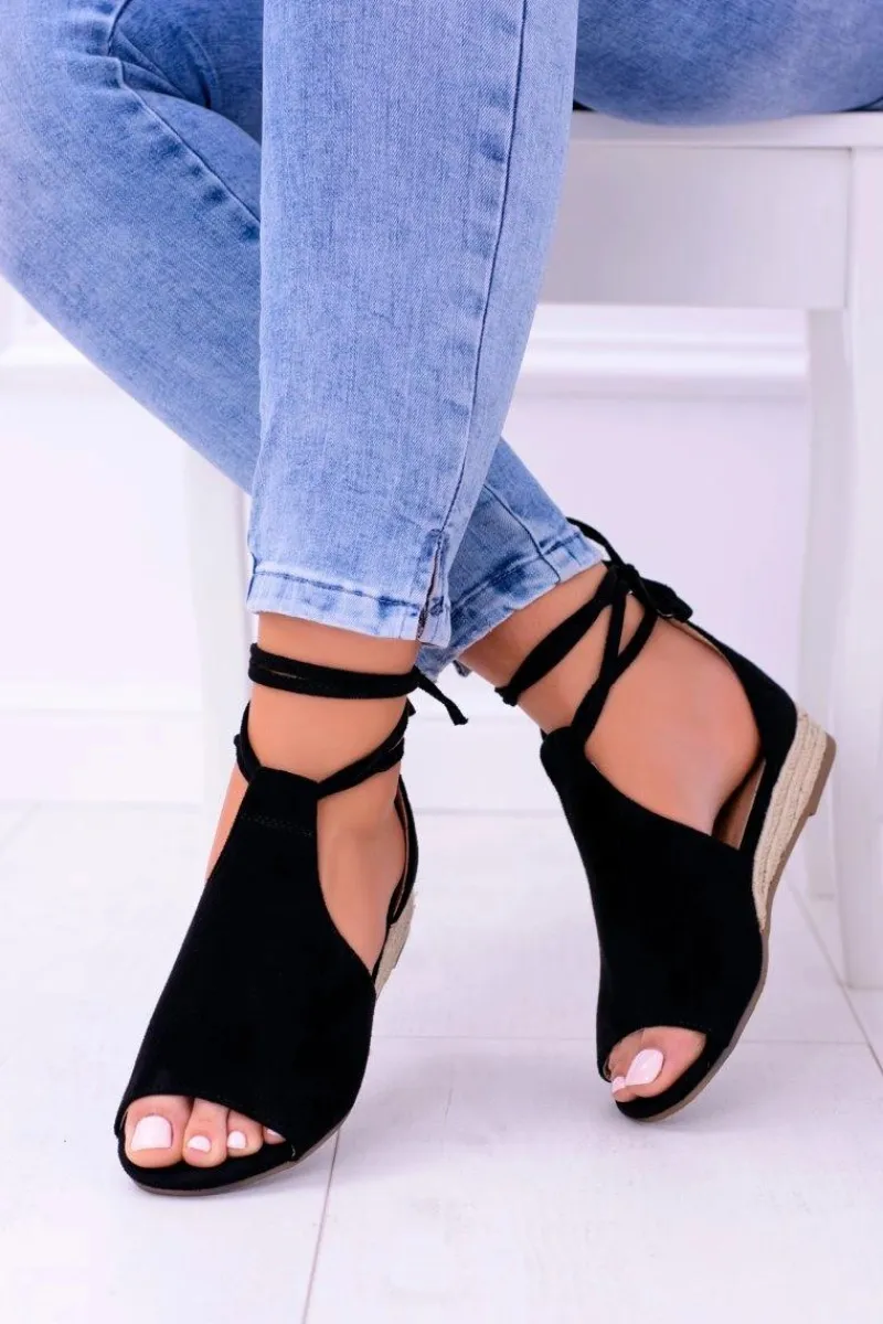 Best Czarne Zamszowe Sandały na Lekkim koturnie Espanoso Damskie Sandały Płaskie