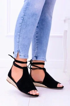 Best Czarne Zamszowe Sandały na Lekkim koturnie Espanoso Damskie Sandały Płaskie