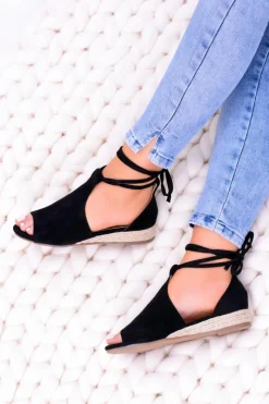 Best Czarne Zamszowe Sandały na Lekkim koturnie Espanoso Damskie Sandały Płaskie