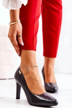 Discount Buty Sergio Leone Czółenka Damskie Lakierowane Na Słupku Ciemnoszare Campbell