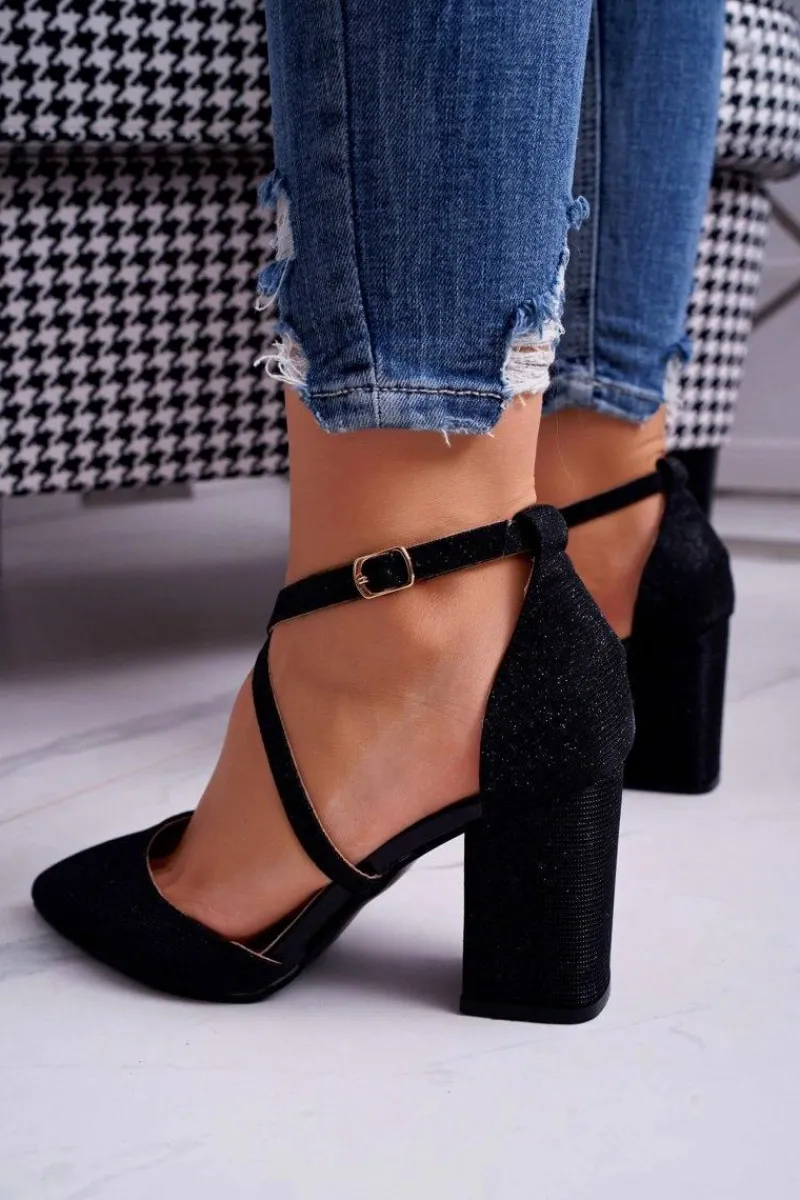 Czółenka Na Słupku>Boto Czółenka Damskie Na Słupku Brokatowe Czarne Perset