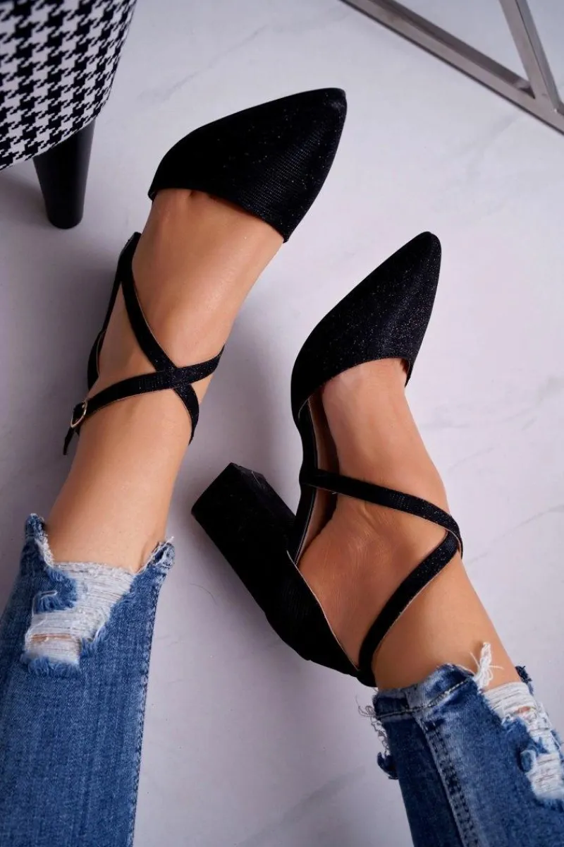 Czółenka Na Słupku>Boto Czółenka Damskie Na Słupku Brokatowe Czarne Perset