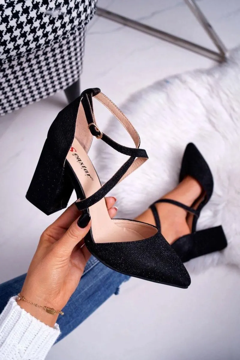 Czółenka Na Słupku>Boto Czółenka Damskie Na Słupku Brokatowe Czarne Perset