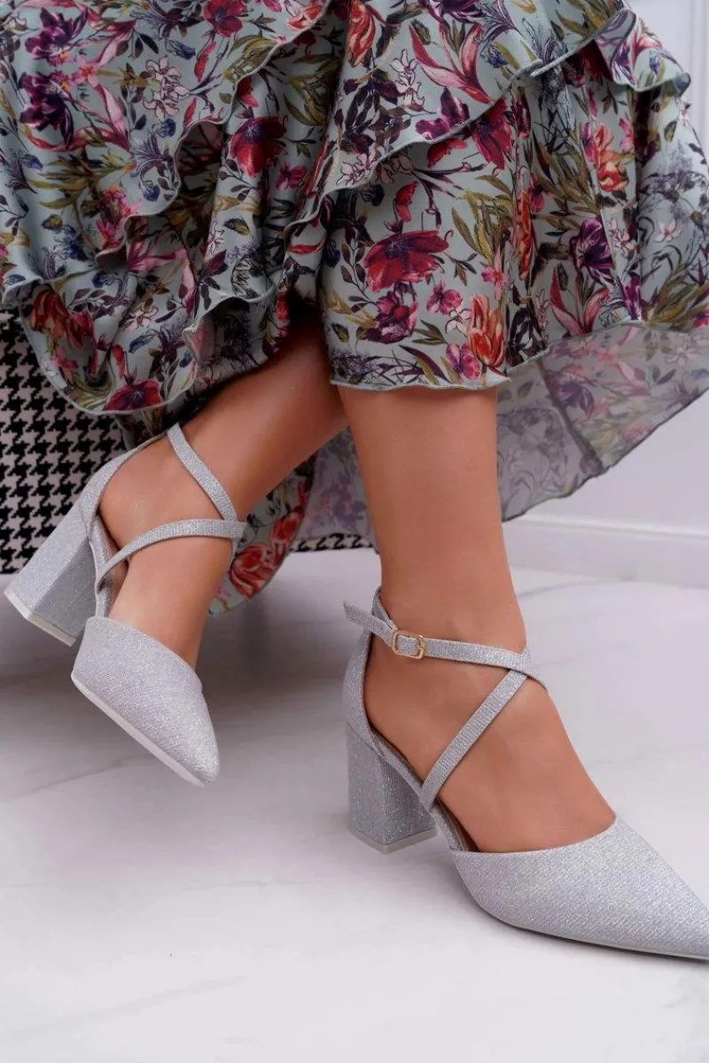 Czółenka Na Słupku>Boto Czółenka Damskie Na Słupku Brokatowe Srebrne Perset