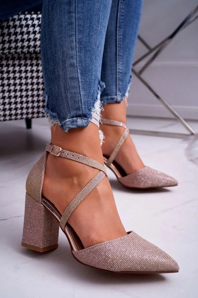 Czółenka Na Słupku>Boto Czółenka Damskie Na Słupku Brokatowe Champagne Trever