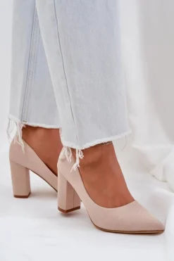 Outlet Boto Czółenka Damskie Na Słupku Eko Zamszowe Beżowe Florena Beżowy