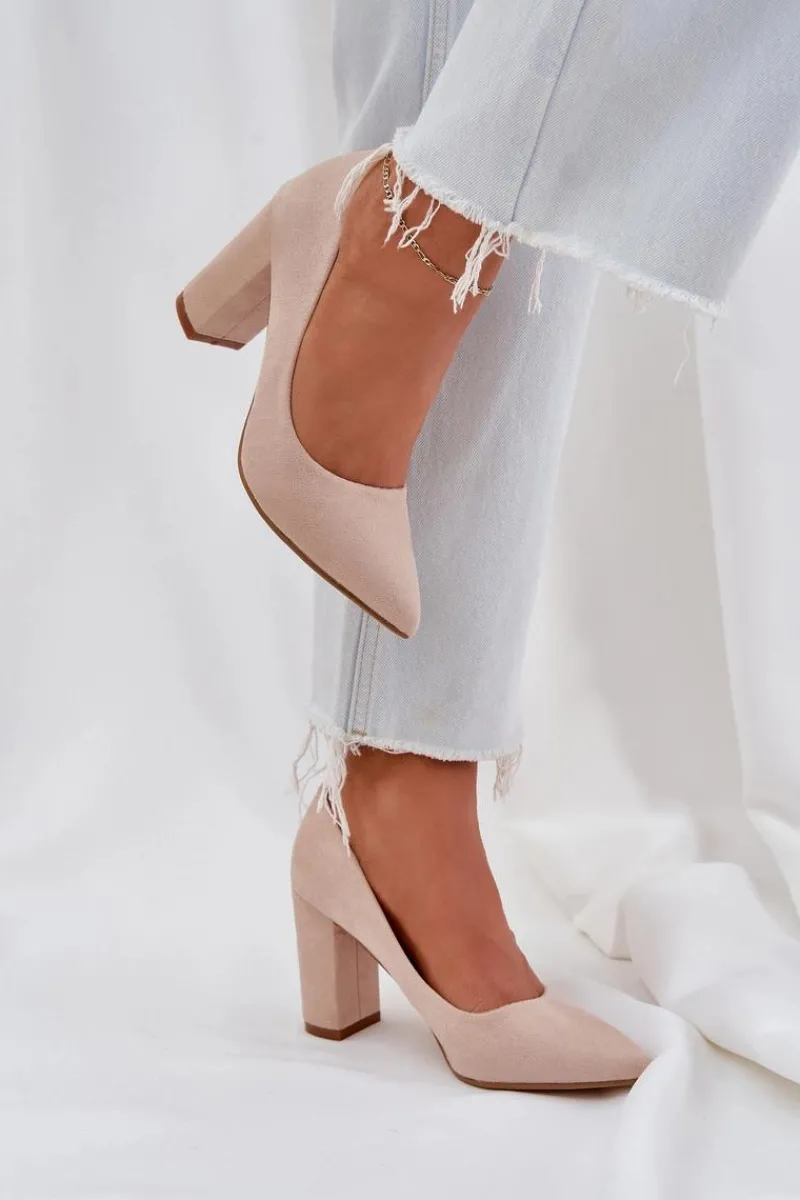 Outlet Boto Czółenka Damskie Na Słupku Eko Zamszowe Beżowe Florena Beżowy