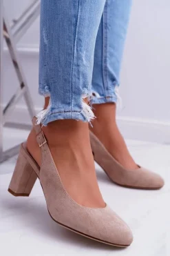 New Czółenka Damskie Na Słupku Galanterki Sergio Leone SK788 Beżowe Lati Damskie Czółenka Zamszowe|Czółenka Na Słupku