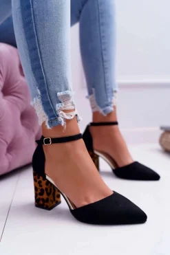 Hot Czółenka Damskie Na Słupku Panterki Czarne Ferri Damskie Czółenka Zamszowe|Czółenka Na Słupku