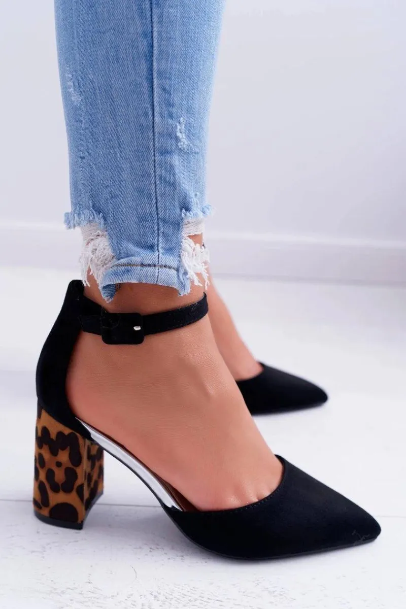 New Boto Czółenka Damskie Na Słupku Panterki Czarne Ferri