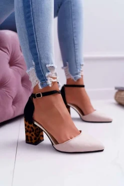 Sale Boto Czółenka Damskie Na Słupku Panterki Beżowe Ferri