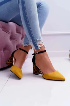 Czółenka Zamszowe|Czółenka Na Słupku>Boto Czółenka Damskie Na Słupku Panterki Żółte Ferri