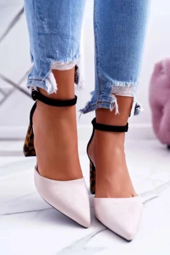 Hot Boto Czółenka Damskie Na Słupku Panterki Beżowe Ferri