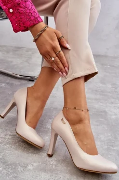 Buty Sergio Leone Czółenka Damskie Na Słupku Sergio Leone Jasnobeżowe Perła Campbell