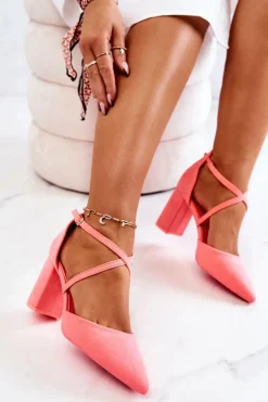 Clearance Boto Czółenka Damskie Na Słupku W Szpic Neonowy Róż Future