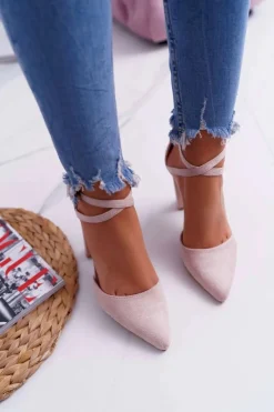 Best Boto Czółenka Damskie Na Słupku W Szpic Beżowe High Traffic