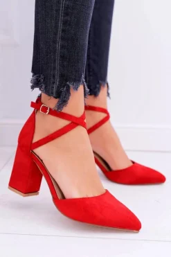 Clearance Czółenka Damskie Na Słupku W Szpic Czerwone Traffic Damskie Czółenka Zamszowe|Czółenka Na Słupku