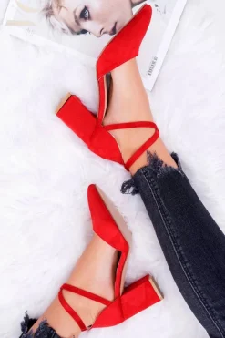 Clearance Czółenka Damskie Na Słupku W Szpic Czerwone Traffic Damskie Czółenka Zamszowe|Czółenka Na Słupku