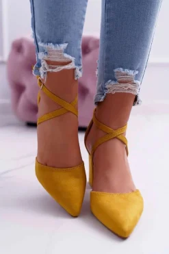 Czółenka Damskie Na Słupku W Szpic Żółte Traffic Damskie Czółenka Zamszowe|Czółenka Na Słupku