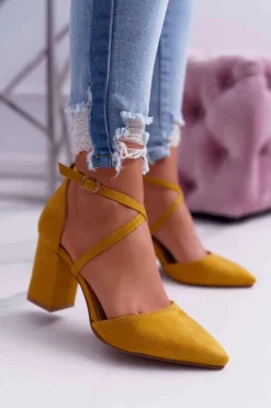 Czółenka Damskie Na Słupku W Szpic Żółte Traffic Damskie Czółenka Zamszowe|Czółenka Na Słupku