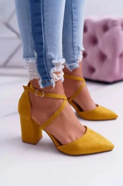 Czółenka Damskie Na Słupku W Szpic Żółte Traffic Damskie Czółenka Zamszowe|Czółenka Na Słupku